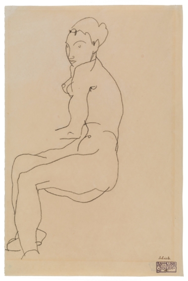 SITZENDER WEIBLICHER AKT -
NACH LINKS GEWENDET - 1915,
Bleistift auf Papier, mit handschriftlicher
Bezeichnung “Schiele“ und Sammlerstempel
von Heinrich Boehler rechts unten,
48 x 32 cm Schiele Egon