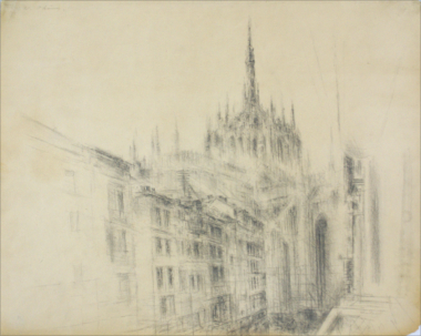MAILÄNDER DOM - 1931,
Bleistift auf Papier,
34,5 x 43,5 cm,
Katalog Graz, Abb. Seite 196
Schmied, Thöny Tafel Seite 40 Thöny Wilhelm