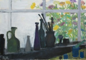 ATELIERSTILLLEBEN, ATELIERFENSTER (Zinnien) - 2002, Öl auf Leinwand, 74,8 x 107,3 cm (WVZ Nr. 0064) Hradil Rudolf