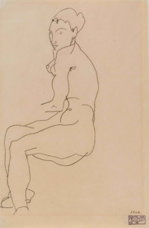 SITZENDER WEIBLICHER AKT - NACH LINKS GEWENDET - 1915, Bleistift auf Papier, mit handschriftlicher Bezeichnung Schiele und Sammlerstempel von Heinrich Boehler rechts unten, 48 x 32 cm Schiele Egon