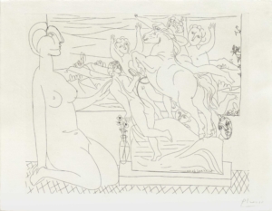 PABLO PICASSO, MODELL IN BETRACHTUNG EINER SKULPTURENGRUPPE - 1933, Blatt 66 aus SUITE VOLLARD, Radierung, 29 x 36,5 cm (34,5 x 44,4 cm) Picasso Pablo