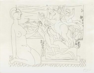 MODELL IN BETRACHTUNG EINER SKULPTURENGRUPPE - 1933, Blatt 66 aus SUITE VOLLARD, Radierung, 29 x 36,5 cm (34,5 x 44,4 cm) Picasso Pablo