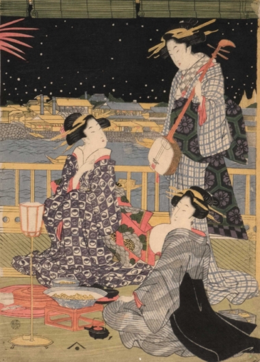 DREI FRAUEN AUF EINEM BALKON, IM HINTERGRUND EIN FEUERWERK - 1812/18, Japanischer Farbholzschnitt, ca. 36 x 26,7 cm Eizan Kikugawa
