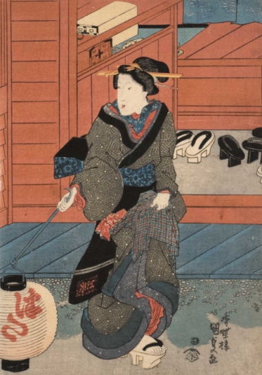 EINE JUNGE FRAU MIT EINER LATERNE IN DER HAND - ca. 1830, Japanischer Farbholzschnitt, 36,7 x 25,5 cm Kunisada Utagawa
