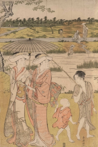 PICKNICK AM UFER - ca. 1790, Japanischer Farbholzschnitt, (linkes Blatt eines Triptychons), ca. 37 x 24,7 cm Shuncho Katsukawa