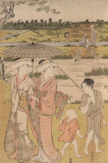 PICKNICK AM UFER - ca. 1790, Japanischer Farbholzschnitt, (linkes Blatt eines Triptychons), ca. 37 x 24,7 cm Shuncho Katsukawa