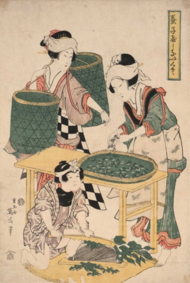SEIDENRAUPENZUCHT - ca. 1820, Japanischer Farbholzschnitt, ca. 38,4 x 25,9 cm Eizan Kikugawa