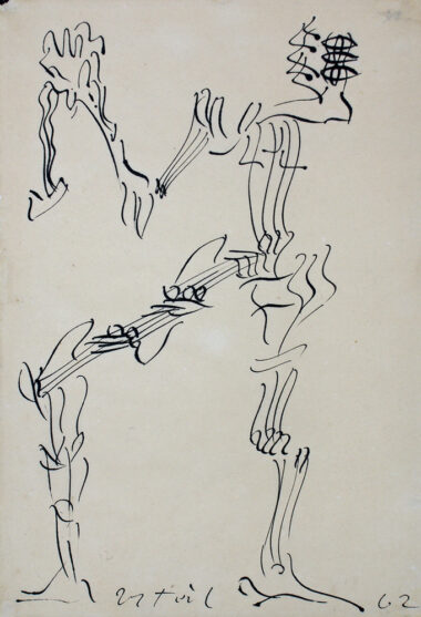 FIGUR LINKS, EINEN GEGENSTAND HALTEND - 1962, Tusche auf Papier, 46 x 31,8 cm WVZ 279 Urteil Andreas