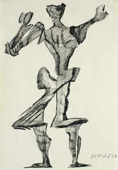 FIGUR MIT ANGEHOBENEN ARMEN - 1962, Tusche auf Bütten, 49,5 x 34,8 cm Urteil Andreas