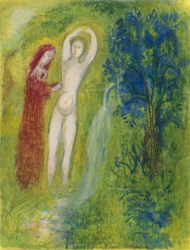 DAPHNIS UND CHLOE AN DER QUELLE aus "Daphnis und Chloe" - 1961, Farblithogrphie, ca. 42 x 32 cm, M 313 Chagall Marc