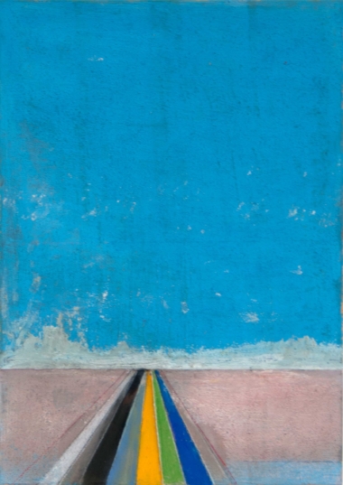 OHNE TITEL - 2019 (Horizont), MT, Pigmente, Bienenwachs, Blattsilber auf Papier auf Hartfaserplatte, ca. 29,7 x 21 cm Suvat