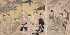 HOSODA EISHI, PRINZ GENJI IN SEINEM PALASTGARTEN - um 1790, Japanischer Farbholzschnitt, Triptychon, ca. 37 x 75 cm Eishi Hosoda