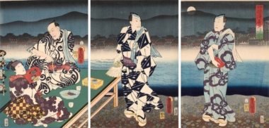 GENIESSEN DER ABENDKÜHLE AM UFERSTRAND VON SHUJO - 1858, Japanischer Farbholzschnitt, Triptychon, ca. 36,3 x 74,7 cm Kunisada Utagawa