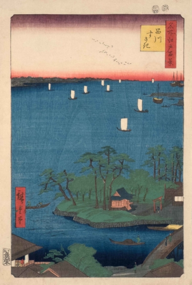 SUSAKI BEI SHINAGAWA aus "100 berühmte Ansichten von Edo" - 1856, Japanischer Farbholzschnitt, ca. 37,2 x 25,2 cm Hiroshige Utagawa