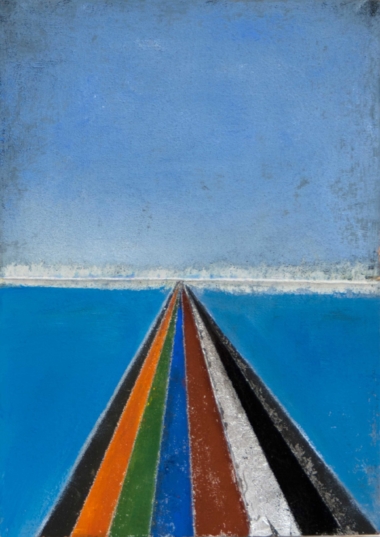 OHNE TITEL - 2019 (Horizont), MT, Pigmente, Bienenwachs, Blattsilber auf Papier auf Hartfaserplatte, ca. 29,6 x 21 cm Suvat