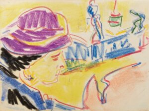 ERNST LUDWIG KIRCHNER, FRAUENBILDNIS MIT HUT - um 1910, Farbkreiden auf Papier, 26,7 x 34,3 cm Kirchner Ernst Ludwig