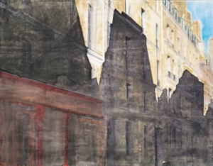 L'OMBRE DE QUARTRE MAISONS, PARIS - 2021, Aquarell auf Papier, 50,4 x 64,7 cm, Werknr. 122111, © Jean-Louis Losi, Paris Salzmann Gottfried