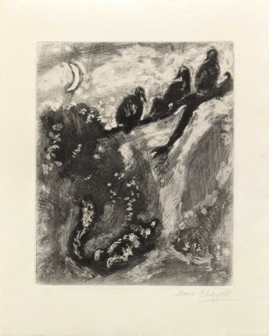 DER FUCHS UND DIE TRUTHÄHNE - 1952, Blatt 100 aus LA FONTAINE-FABELN, Radierung, 30 x 24,5 (41,2x33,2cm) Chagall Marc