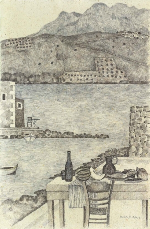MANI, IM HAFEN VON LIMENI - 1994, Feder, Tusche auf Bütten, 76,1 x 49,8 cm Breiter Herbert