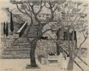 MANI, TREPPE ZUM HOF MIT KATZE - 1984, Feder, Tusche auf Bütten, 50,7 x 63,5 cm Breiter Herbert