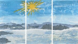 WOLKENBERG 7 - 2023, Farbholzschnitt mit Aquarellfarbe, Triptychon, je 28,7 x 16,6 cm, Richter Wolfgang