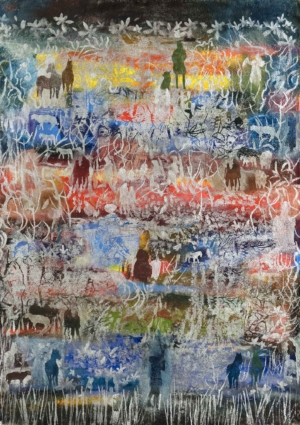 CHRISTA MAYRHOFER, OHNE TITEL - 2023, Holzschnitt und Schablonendruck auf Nepalpapier (Bananenstaude), ca. 140 x 99 cm Mayrhofer Christa