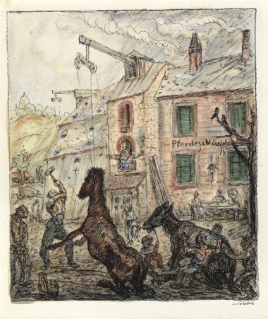 DIE PFERDESCHLÄCHTEREI - um 1930, Tusche aquarelliert auf Papier, 37 x 31,5 cm Kubin Alfred