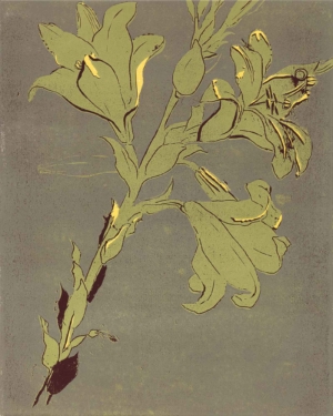 YOKO OMOMI, LILIES (AFTER DA VINCI), Linoldruck auf Papier auf Holzkörper, 50 x 40 x 3 cm Omomi Yoko