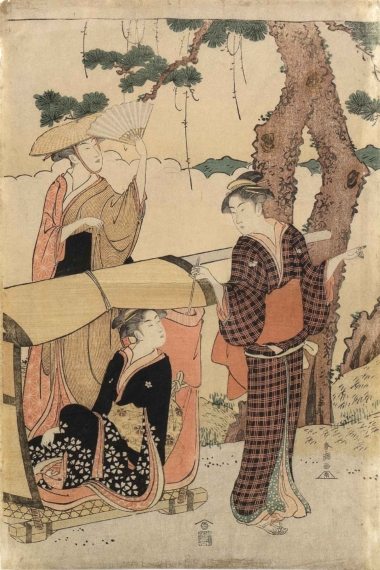 DAME IN EINER SÄNFTE - um 1787, Japanischer Farbholzschnitt, 38,7 x 25,8 cm Shuncho Katsukawa