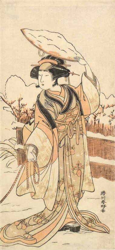 DER SCHAUSPIELER YOSHIZAWA AYAME IV - 1778, Japanischer Farbholzschnitt, 30,5 x 13,7 cm Shuncho Katsukawa