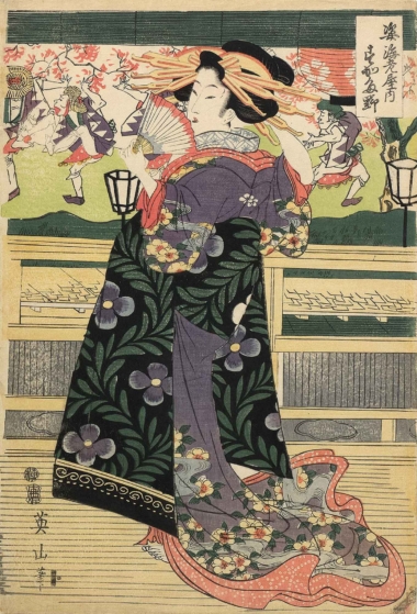 DIE KURTISANE SUGATANO - um 1810, Japanischer Farbholzschnitt, 39,3 x 26,7 cm Eizan Kikugawa