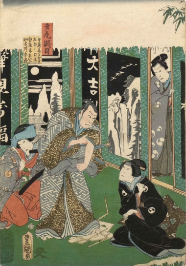 DER SAMURAI KAKOGAWA aus "Die Rache der 47 Ronin" - 1860, Japanischer Farbholzschnitt, 36 x 24,9 cm Kunisada Utagawa