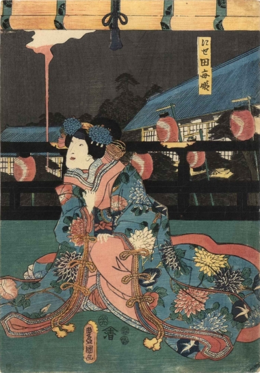 FRAU, GEWAND MIT CHRYSANTHEMEN, LAMPIONS, GEBÄUDE - 1854, Japanischer Farbholzschnitt, 35,8 x 25 cm Kunisada Utagawa