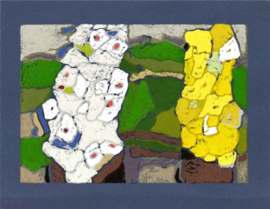 KIRSCHBLÜTE UND RAPSZWEIG - 2012, Farblinolschnitt, 21,1 x 29,9 cm (27,6 x 35,7 cm) blau Fussmann Klaus