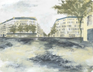 NIEVES SALZMANN, BOULEVARD SAINT-MICHEL - 2024, Mischtechnik auf Papier, 50 x 65 cm Salzmann Nieves