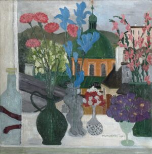 AGNES MUTHSPIEL, BLUMEN AM FENSTER - 1962, Öl auf Hartfaserplatte, 56 x 55,5 cm Muthspiel Agnes
