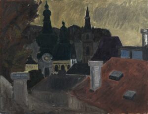HERBERT BREITER, SALZBURG, DÄCHER UND TÜRME - um 1948, Öl auf Hartfaserplatte, 48 x 62 cm Breiter Herbert