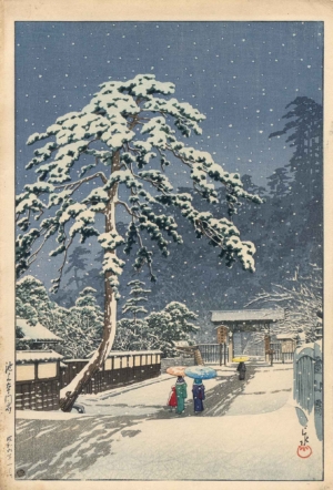 DER HONMONJI-TEMPEL IN IKEGAMI - 1931, Japanischer Farbholzschnitt, 39,1 x 26,3 cm Hasui Kawase