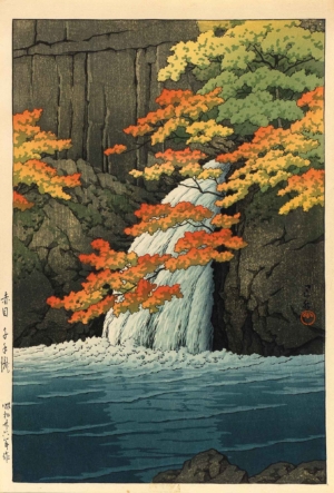 DER SENJU WASSERFALL IN AKAME - 1951, Japanischer Farbholzschnitt, 39,4 x 26,5 cm Hasui Kawase