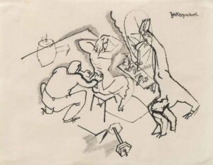 GEORGE GROSZ, ZIRKUSGARDEROBE - 1914-1915, Feder mit Tusche, Kohle auf Papier, 22,5 x 29,2 cm Grosz George