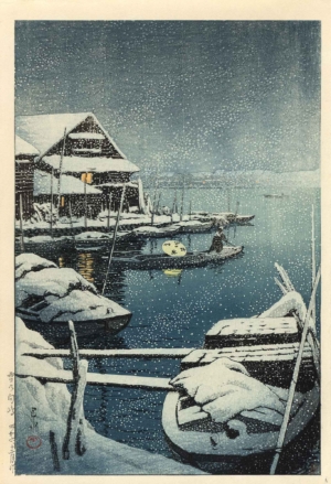 SCHNEE IN MUKOJIMA - 1931, Japanischer Farbholzschnitt, 39,1 x 26,2 cm Hasui Kawase