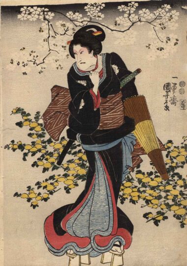 SCHAUSPIELER IN WEIBLICHER ROLLE UNTER PFLAUMENBLÜTEN - 1849, Japanischer Farbholzschnitt, 36,4 x 25 cm Kuniyoshi Utagawa