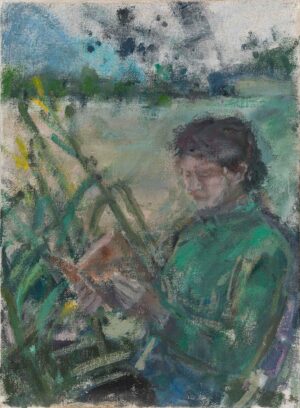 MORZG, IM GARTEN, FRAU DES KÜNSTLERS LESEND - um 2000, Öl auf Jute, 102 x 75 cm, WVZ 0542, Salzburg Museum (Erbschaft 2023) © Fotograf Hannes Auer Hradil Rudolf