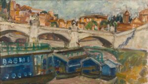 ROM, TIBERBRÜCKE, BAGNI - 1950er, Öl auf Jute, 43 x 75,7 cm, WVZ 0019, Salzburg Museum (Erbschaft 2023) © Fotograf Hannes Auer Hradil Rudolf