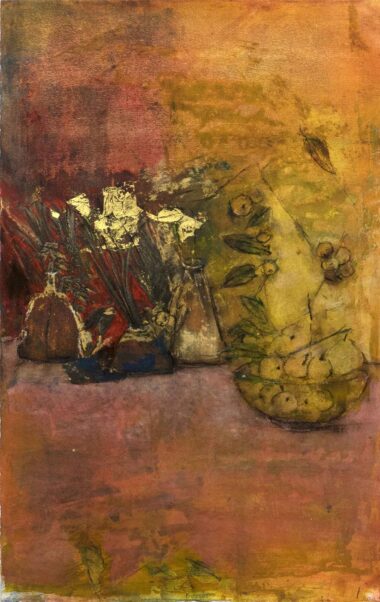 SOIR D´AUTOMNE, Öl, Collage und Blattgold auf Papier, 47,2 x 30 cm Bottet Nicole