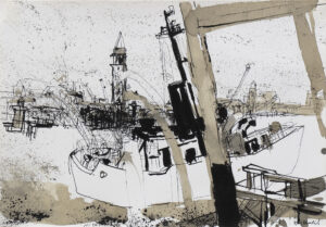 VENEDIG, WEISSES SCHIFF - 1992, Feder, Rohrfeder, Pinsel, Tusche mit Kaffee laviert auf Papier, 35 x 50,8 cm Hradil Rudolf