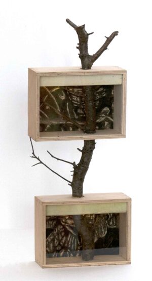 aus der Serie IM MOOR - 2024, Objekt aus Holz und Glas, beleuchtet, H 52 cm B 20 cm T 8 cm Möseneder Eva