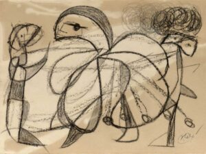 JOAN MIRÓ, PERSONNAGES, OISEAU - 1979, Bleistift, schwarze Wachskreide auf Papier, 32,6 x 44,3 cm MIRÓ JOAN