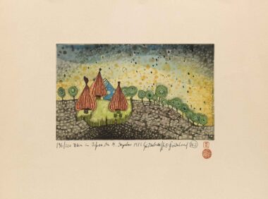 FRIEDENSREICH HUNDERTWASSER, STELL DICH UNTER DIE WIESE ES BEGINNT ZU REGNEN - 1976, Aquatintaradierung, 17,8 x 29,8 cm (37,8 x 53 cm), Werkverzeichnis 762 HWG 69 Hunderwasser Friedensreich