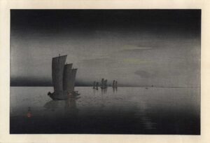 OHARA KOSON, FISCHERBOOTE KEHREN ZURÜCK BEI DUNKELHEIT - ca. 1920, Japanischer Farbholzschnitt, 25,6 x 37,8 cm Koson Ohara